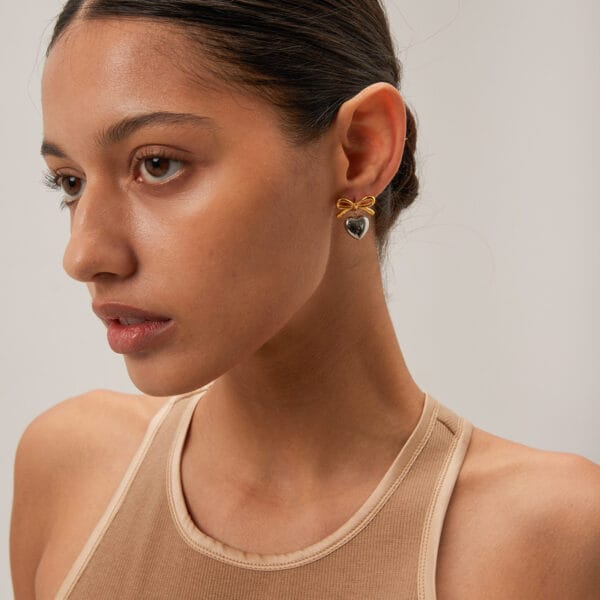Two Toned Bow Heart Danglers - Image 2