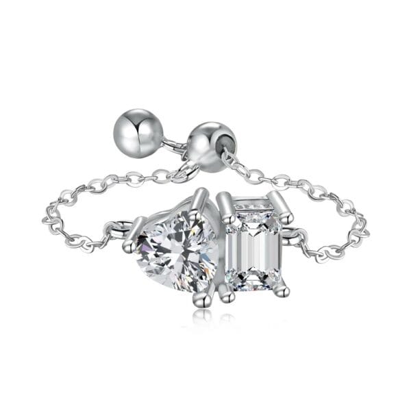 Toi et Moi Chain Ring in Heart and Emerald Cut - Image 2